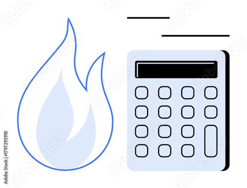 Flame illustration next to digital calculator with simple layout. Ideal for budgeting, energy efficiency, gas bills, utility management, sustainability, resource tracking, financial analysis. A