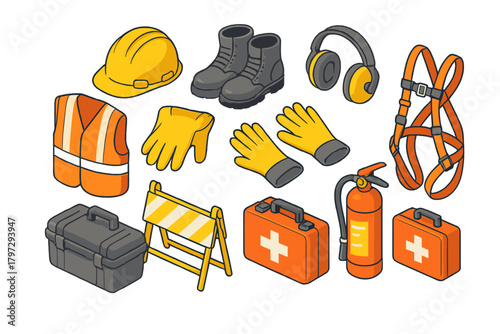 Isometric collection of construction safety equipment and personal protective gear