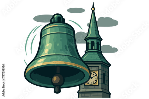 Antique ringing bell and tall clock tower spire isolated on white background