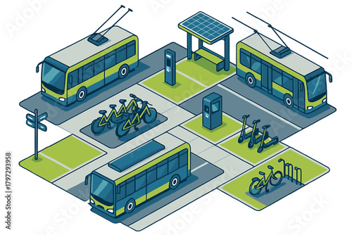 Eco-friendly public transit and shared mobility services in a modern city infrastructure layout