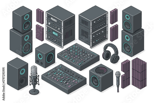 Professional audio recording studio equipment collection in isometric view