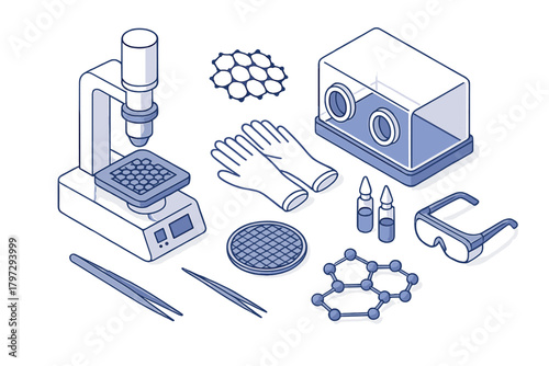 Isometric set of scientific research tools, laboratory equipment, safety gear, and chemical elements