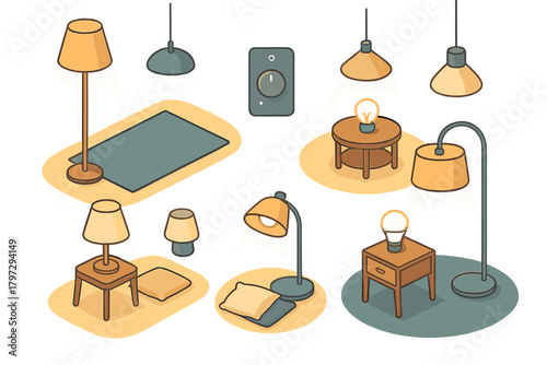Collection of isometric home lighting fixtures and furniture elements including floor lamps, table lamps, and dimmer switch