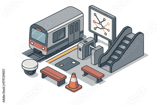 Isometric collection of subway station infrastructure and public transport elements