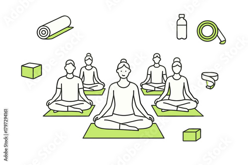 Diverse group meditating in yoga class using fitness accessories and equipment