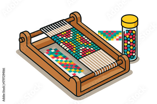 Wooden tabletop weaving loom with colorful threads and beads for textile craft hobby