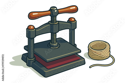 Vintage screw press used for bookbinding next to a coil of natural twine rope