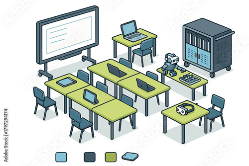 Educational technology lab layout with interactive screen laptops tablets robot and VR headset