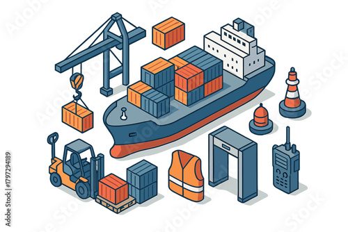 Detailed isometric set of global logistics and cargo shipping elements including port infrastructure and vehicles