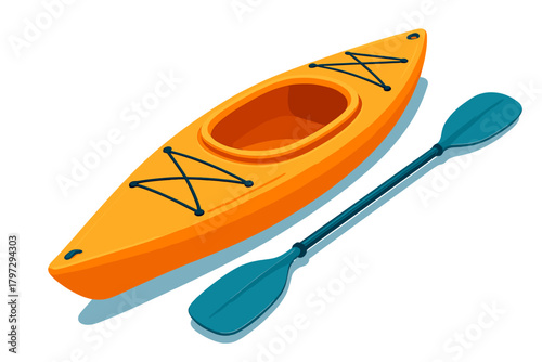 Vibrant orange recreational kayak and blue paddle isolated for summer water sports and outdoor adventure
