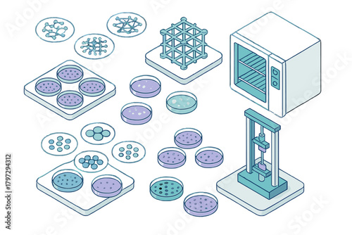 Scientific research tools and biotechnology concepts including cell culture and mechanical testing