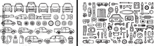 car parts doodle, vehicle accessories vector, automotive illustration sketch, mechanical tools drawing, repair equipment art, car maintenance concept, garage elements design, transportation line art, 
