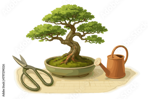 Traditional Japanese bonsai tree with pruning shears and watering can on a woven mat