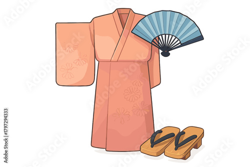 Traditional Japanese attire featuring a pink kimono, blue folding fan, and wooden geta sandals
