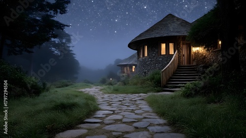 A rustic stone lodge with a thatched roof under a starry misty night sky illuminated by warm window lights with a stone path leading to its entrance