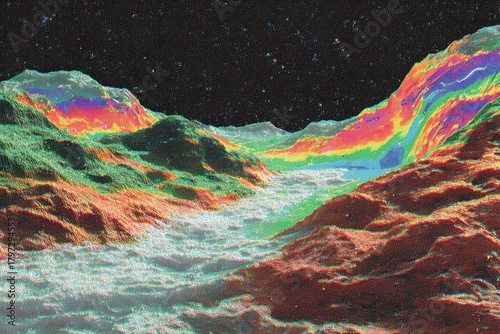 Distorted Nebula Landscape in Vivid Colors and Digital Noise Effects Generative AI