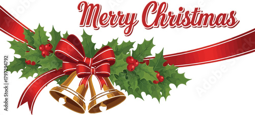 Festive christmas bells with holly and red ribbon on a vintage background design