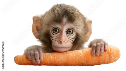 Cute baby monkey holding a large carrot with expressive eyes and soft fur in an adorable close-up isolated on white background