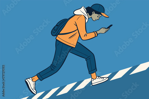 A solitary figure engrossed in their phone, utterly oblivious to their surroundings as they navigate a busy street, a vivid depiction of modern digital immersion and disconnection.