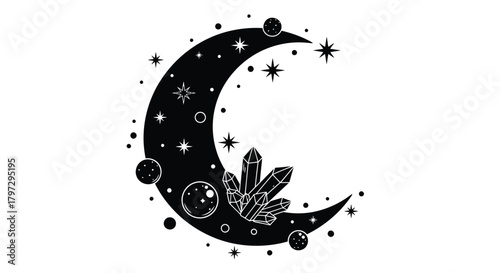 A celestial crescent moon design featuring crystals and scattered stars