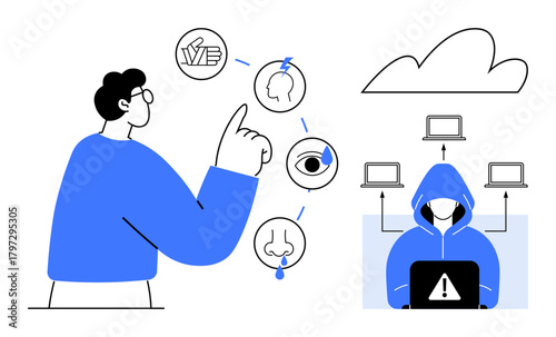 Person analyzing sensory cues with threat visualization, hoodie-clad hacker, cloud, and device network illustration. Ideal for cybersecurity, privacy, tech, data safety, online risk IT awareness