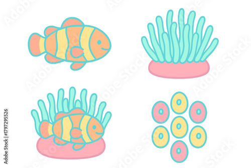 Cute cartoon clownfish, sea anemone, and eggs set in soft pastel colors for marine design