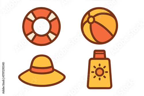 Summer vacation essentials set: lifebuoy, beach ball, sun hat, and sunscreen bottle