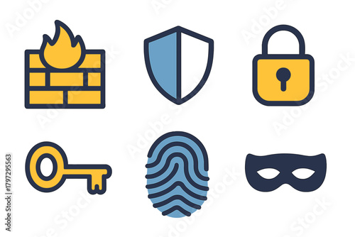 Digital security and cybercrime icons including firewall, shield, padlock, key, and fingerprint