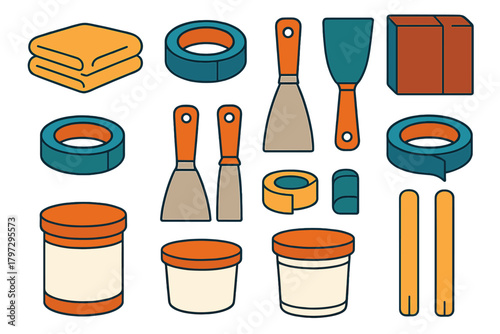 Essential tools and materials for home renovation and DIY projects including putty knives, adhesive tape, and spackle containers