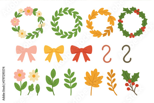 Decorative floral wreaths, autumn leaves, holly berries, and colorful ribbons
