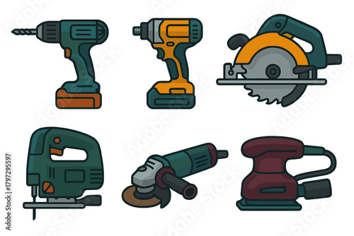 Collection of six essential electric power tools for construction and home improvement