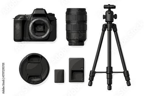 Professional digital camera equipment set with body lens tripod and accessories
