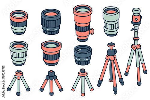 Collection of photographic accessories including camera lenses and stable tripods in isometric design