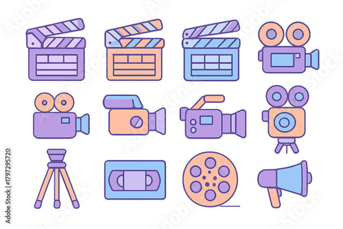Set of filmmaking and video production equipment symbols in a colorful flat design