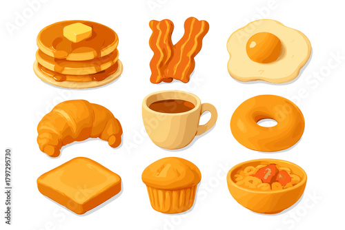 Assortment of popular breakfast and brunch items including pancakes, bacon, eggs, croissant, and coffee