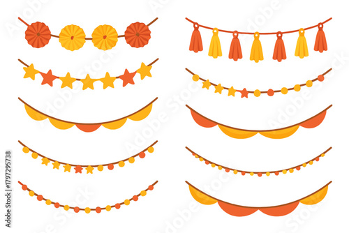 Set of autumn holiday garlands, bunting, tassels, and decorative paper fans in warm colors