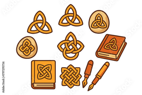 Traditional Celtic knot symbols, Triquetra, ancient books, and writing tools
