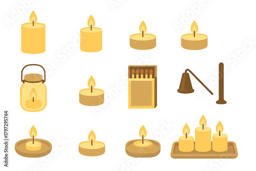 Burning candles, tea lights, matchbox, and candle snuffer accessory set