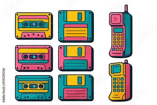 Seamless pattern of vintage audio cassettes, floppy disks, and retro mobile phones
