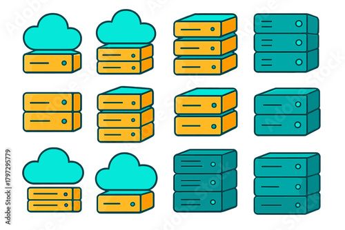 Colorful icons of data center server racks and cloud computing storage symbols