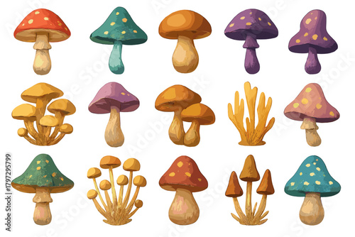 A diverse collection of colorful fantasy mushrooms and fungi isolated on a white background