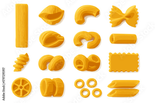Collection of various traditional Italian dry pasta shapes isolated on a clean white background