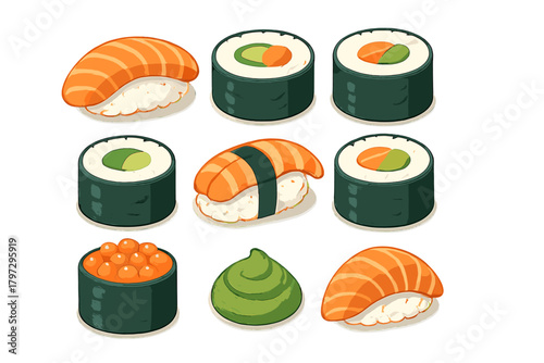 Japanese sushi assortment with salmon nigiri maki rolls and wasabi paste