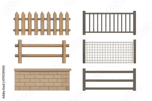Set of various wooden, metal, and brick fences and barriers for property boundaries