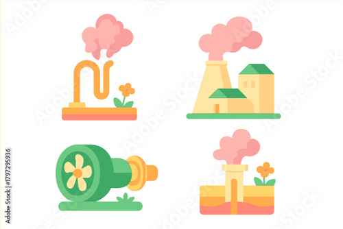 Industrial and environmental symbols for factory emissions, power plants, and geothermal energy sources