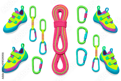 Colorful arrangement of rock climbing equipment featuring shoes, coiled rope, and multiple carabiners
