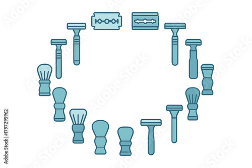 Personal hygiene and grooming tools including razors, double edge blades, and shaving brushes