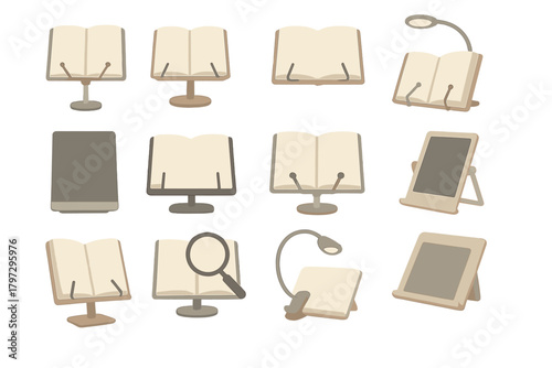 Set of reading stands, book holders, and tablet stands with accessories for study