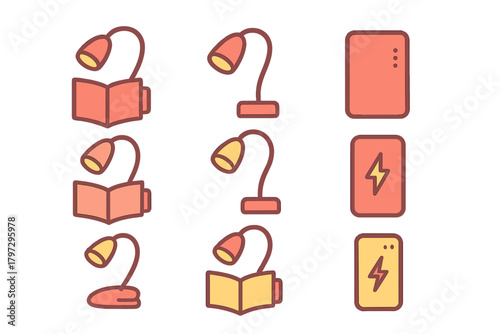 Modern symbols for reading, desk lighting, and portable power bank charging devices