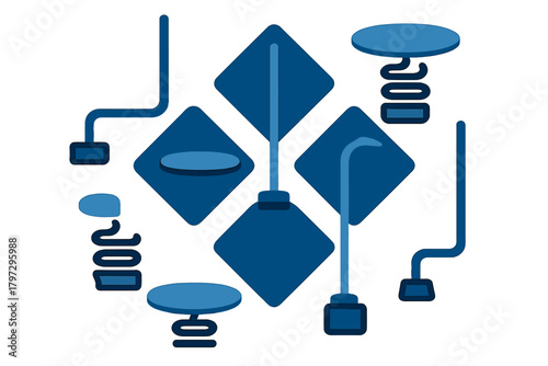 Stylized abstract network diagram with connected geometric components in blue tones